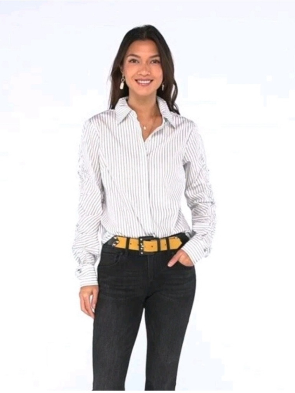 CAbi Linear Striped Button Down Shirt Cinched Sleeve Style Number 4530